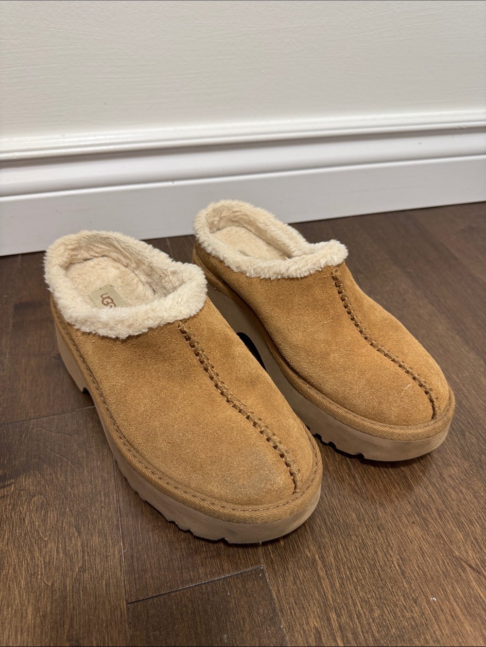 UGG Tan Suede Shearling Slip-On Clogs